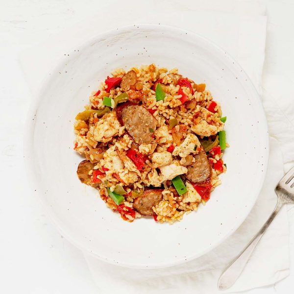 Tomato-Braised Chicken & Sausage with Brown Rice & Bell Peppers Online Sale